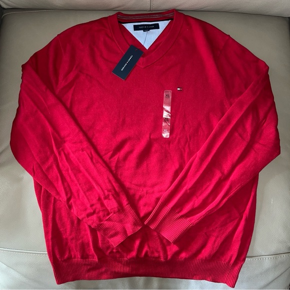New TOMMY HILFIGER ESSENTIAL V-NECK SWEATER Men XL 100% cotton red long sleeve - Picture 12 of 12